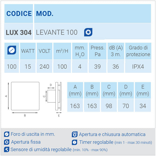 LUX304 - ø.100 - Aspiratore LEVANTE ad aspirazione assiale (simile